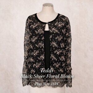 Teddi Black Floral Sheer Blouse 16W Romantic Evening Layer Top